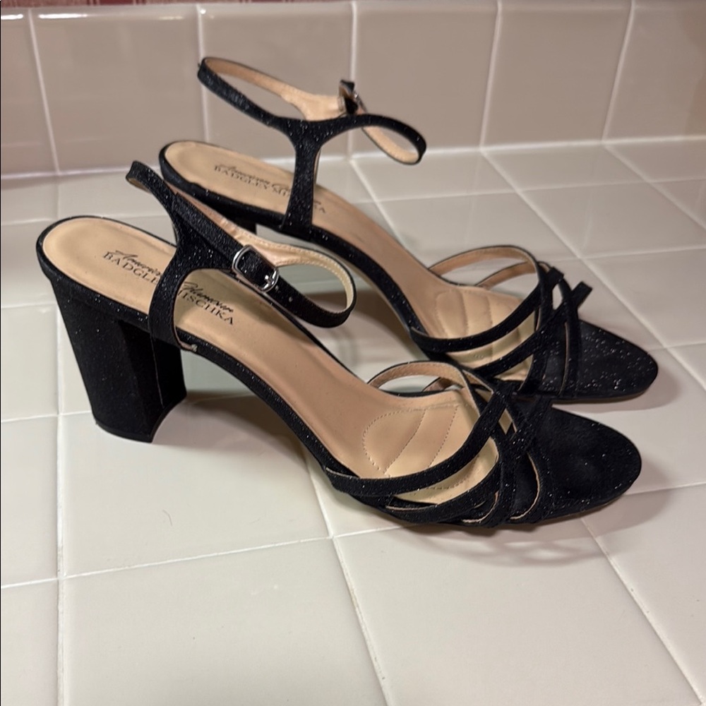 American Glamour Badgley Mischka Black Strappy Heels with Block Heel